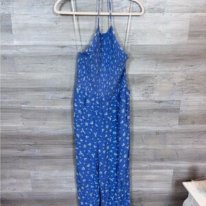 NWT American Eagle Floral Smocked Halter Jumpsuit Blue White Size M